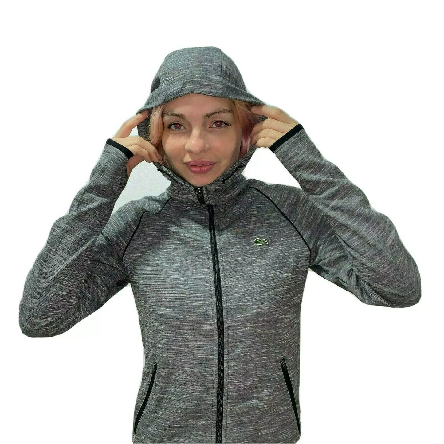 Lacoste Women Sweatshirt Grey Hooded Full Zip Piped Sport Tennis XS 34 S 36 M 38