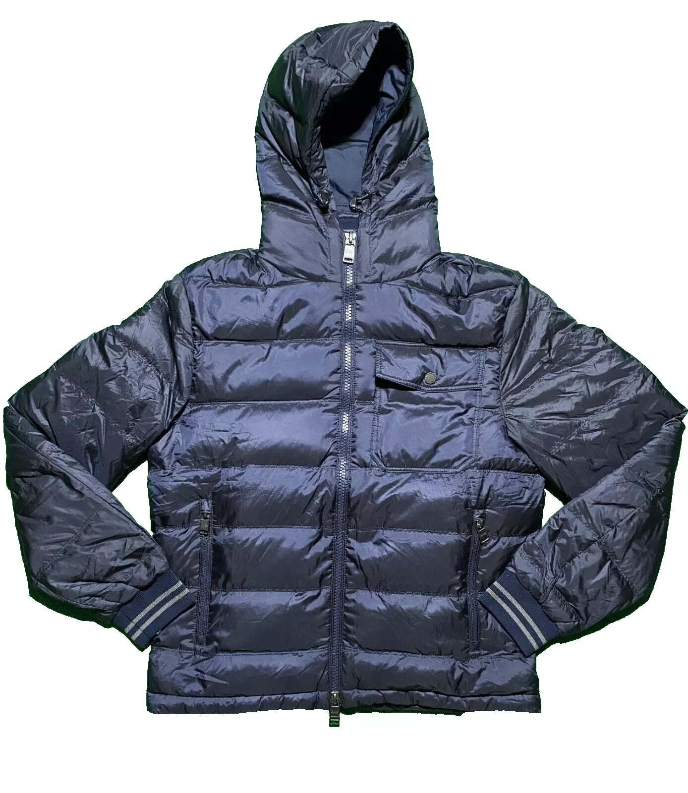 Hugo Boss Mens Bomber Down Jacket Small Blue Zip Pockets Hooded Padded 46