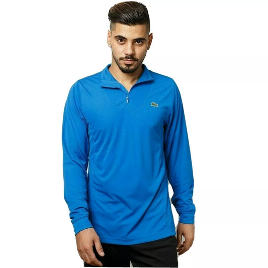 Lacoste Mens Sport Zip Neckline Tennis T Shirt Basic Long Sleeves S M Blue