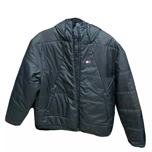 Tommy Hilfiger Women Small Black Puffer Jacket Hooded Sport Full Zip Lightweight
