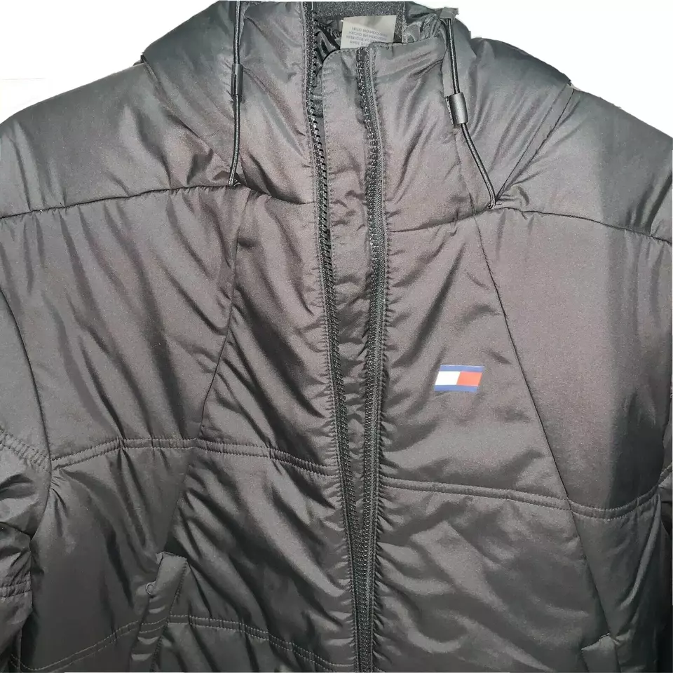 Tommy Hilfiger Women Small Black Puffer Jacket Hooded Sport Full Zip Lightweight