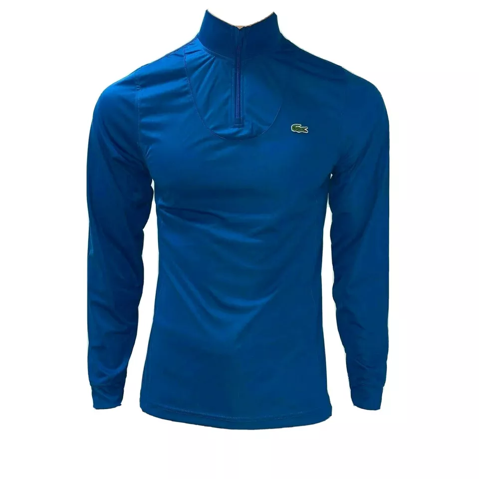 Lacoste Mens Sport Zip Neckline Tennis T Shirt Basic Long Sleeves S M Blue