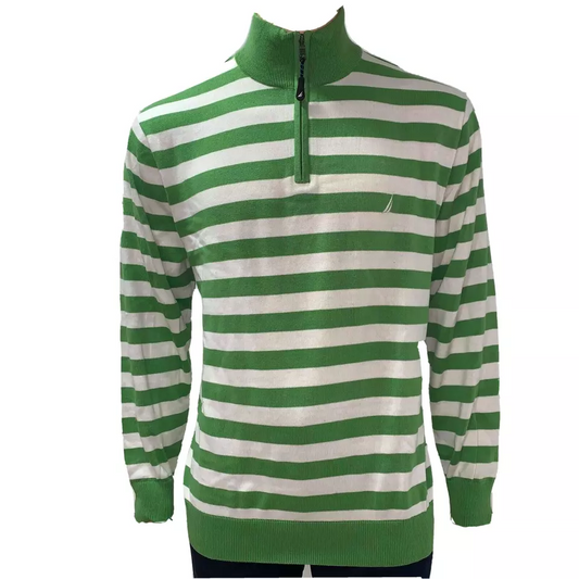 Nautica Sweater Green White XL Zip Stand Up Collar Long Slleves Pull Over