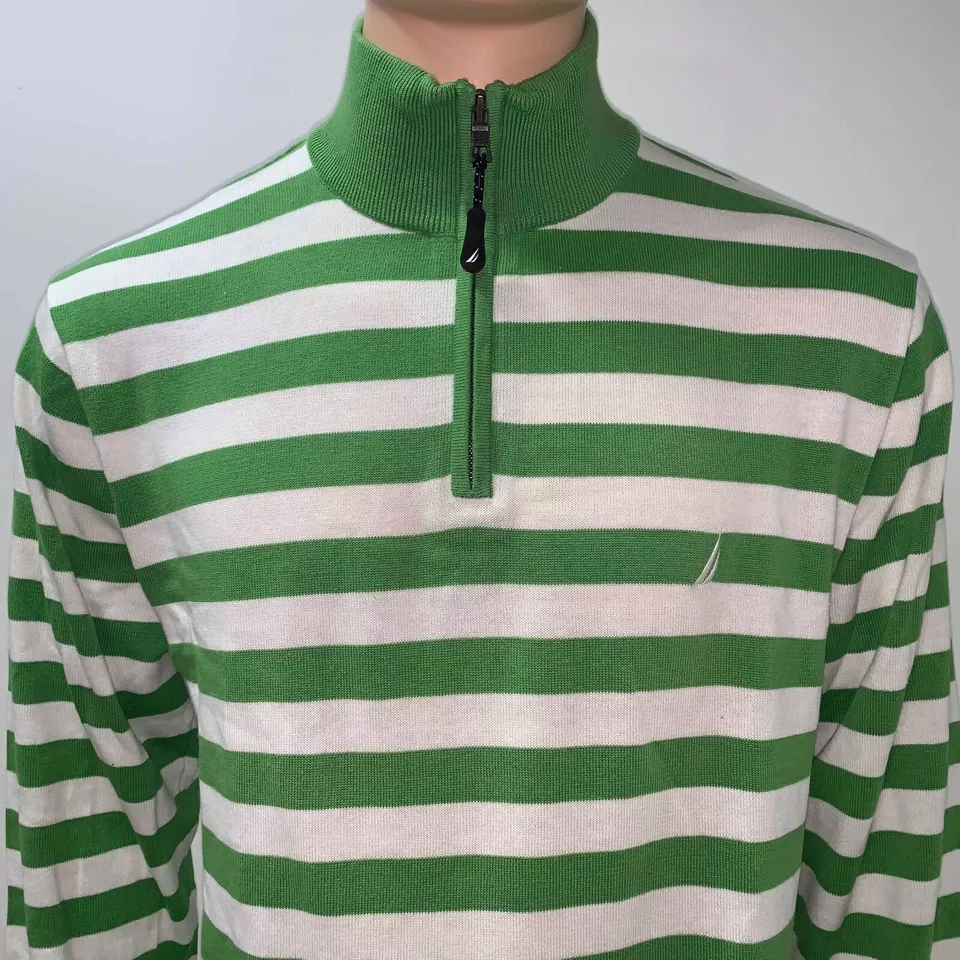 Nautica Sweater Green White XL Zip Stand Up Collar Long Slleves Pull Over