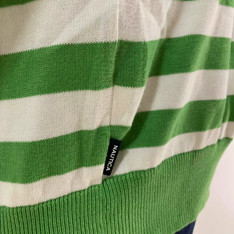 Nautica Sweater Green White XL Zip Stand Up Collar Long Slleves Pull Over