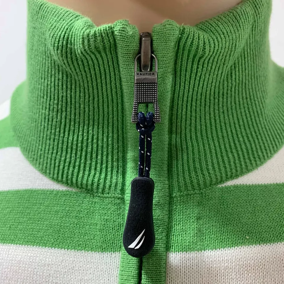 Nautica Sweater Green White XL Zip Stand Up Collar Long Slleves Pull Over