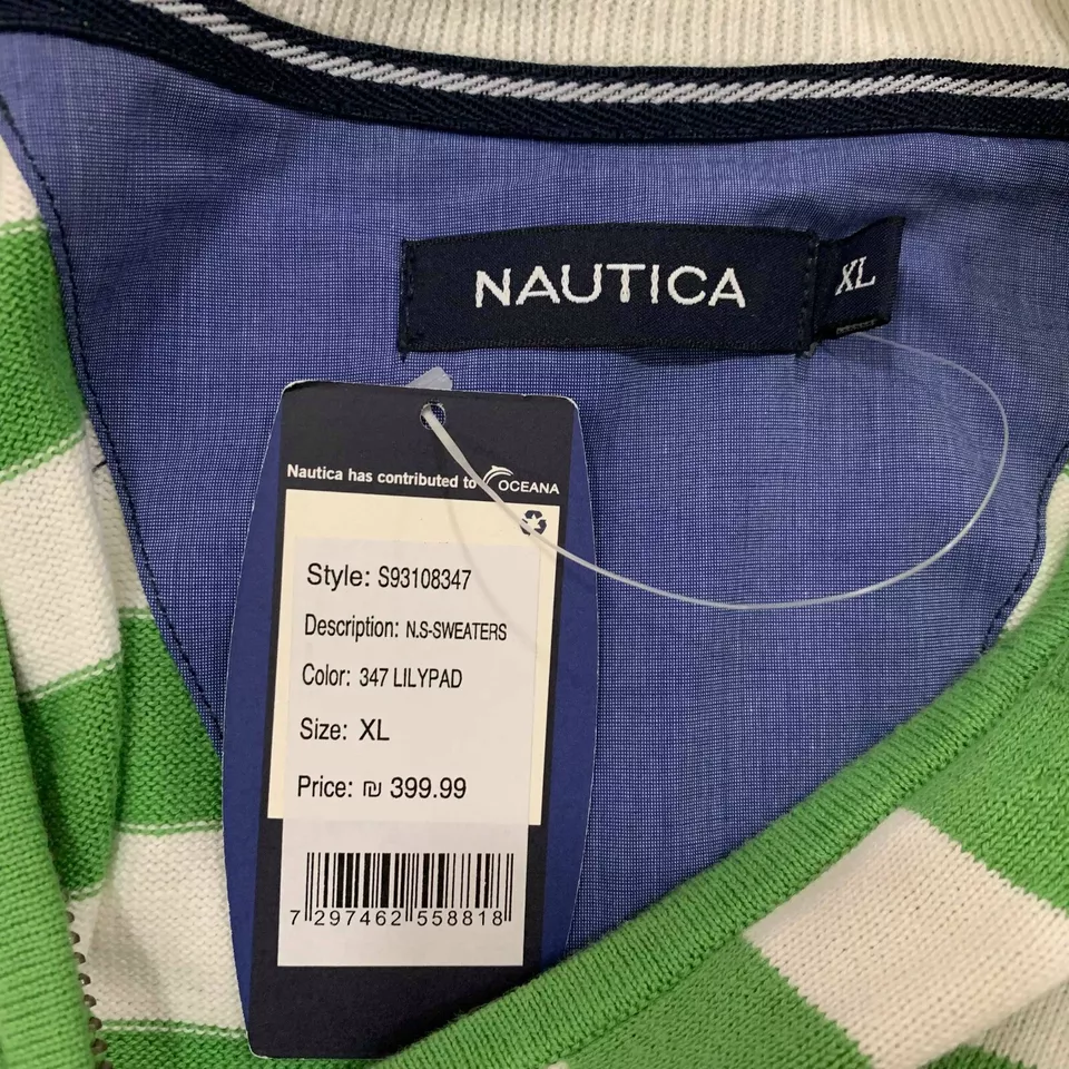 Nautica Sweater Green White XL Zip Stand Up Collar Long Slleves Pull Over