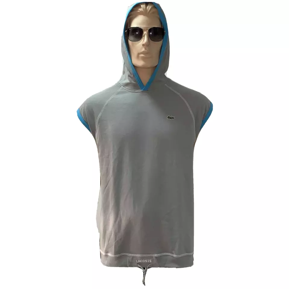 Lacoste Mens Vest Sweatshirt XL Gray Blue Hooded Sleeveless Cotton