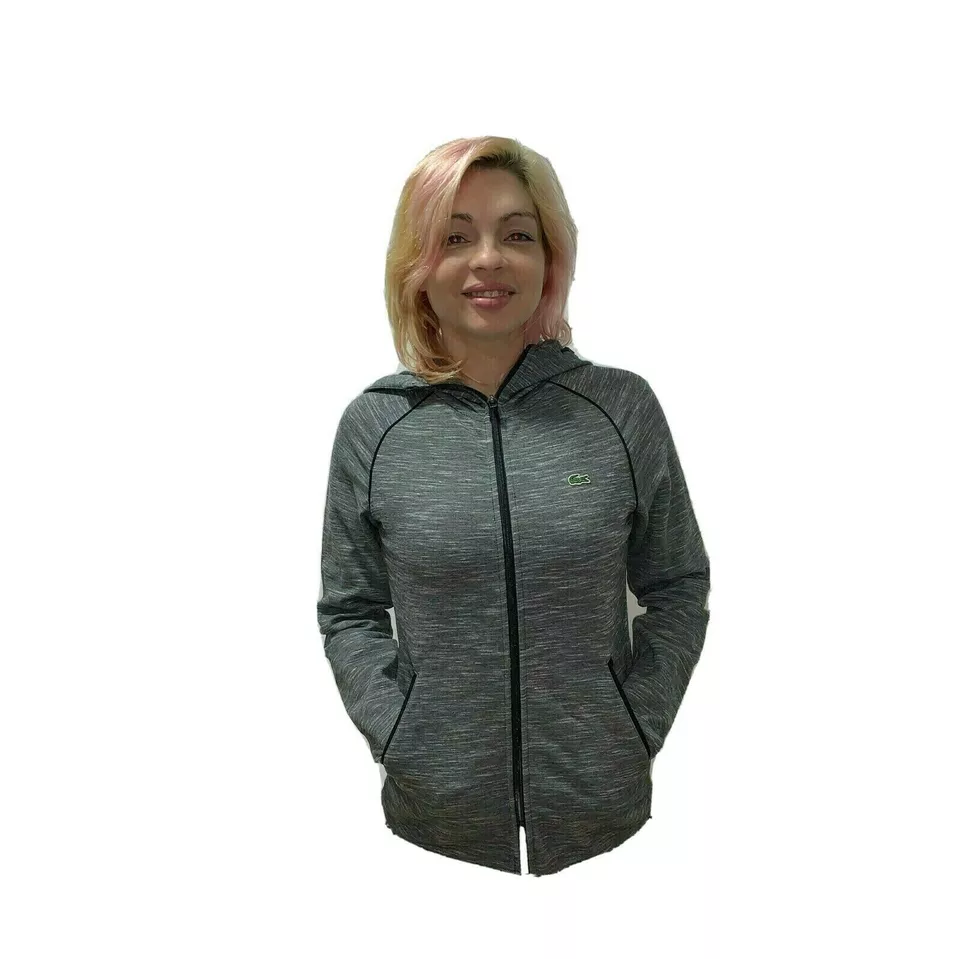 Lacoste Women Sweatshirt Grey Hooded Full Zip Piped Sport Tennis XS 34 S 36 M 38