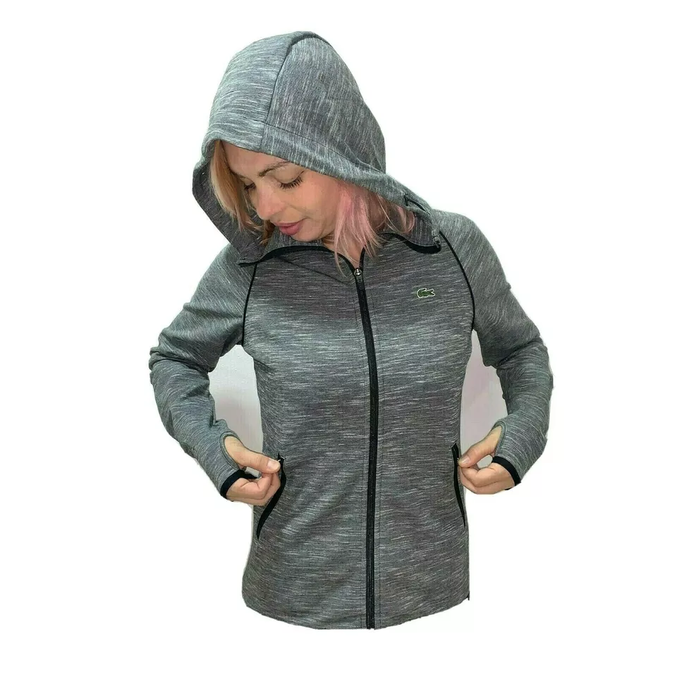 Lacoste Women Sweatshirt Grey Hooded Full Zip Piped Sport Tennis XS 34 S 36 M 38