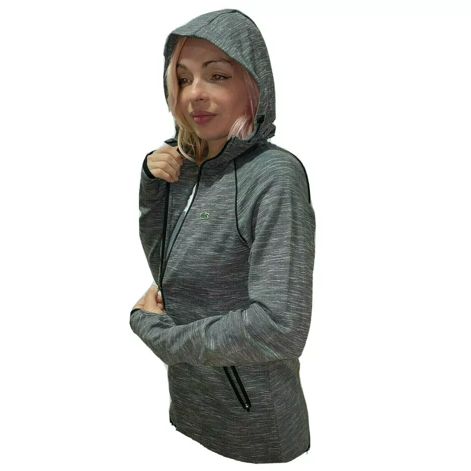 Lacoste Women Sweatshirt Grey Hooded Full Zip Piped Sport Tennis XS 34 S 36 M 38