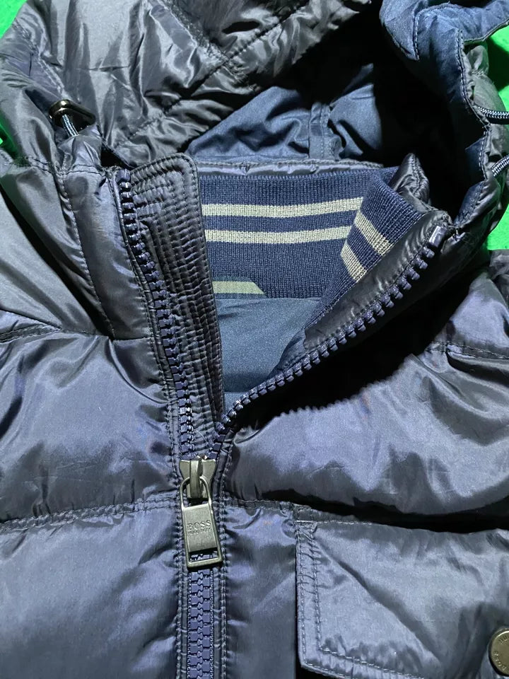 Hugo Boss Mens Bomber Down Jacket Small Blue Zip Pockets Hooded Padded 46
