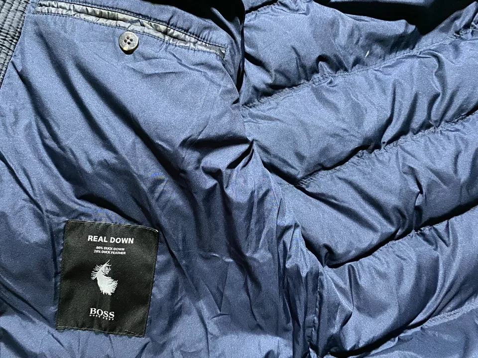 Hugo Boss Mens Bomber Down Jacket Small Blue Zip Pockets Hooded Padded 46