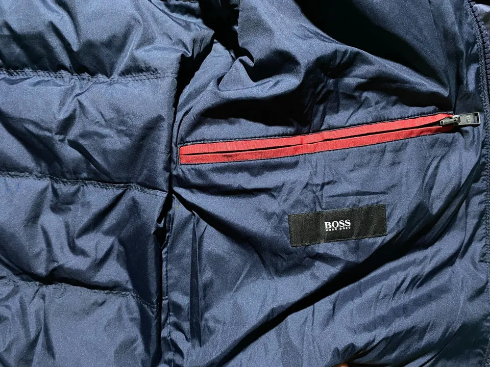 Hugo Boss Mens Bomber Down Jacket Small Blue Zip Pockets Hooded Padded 46